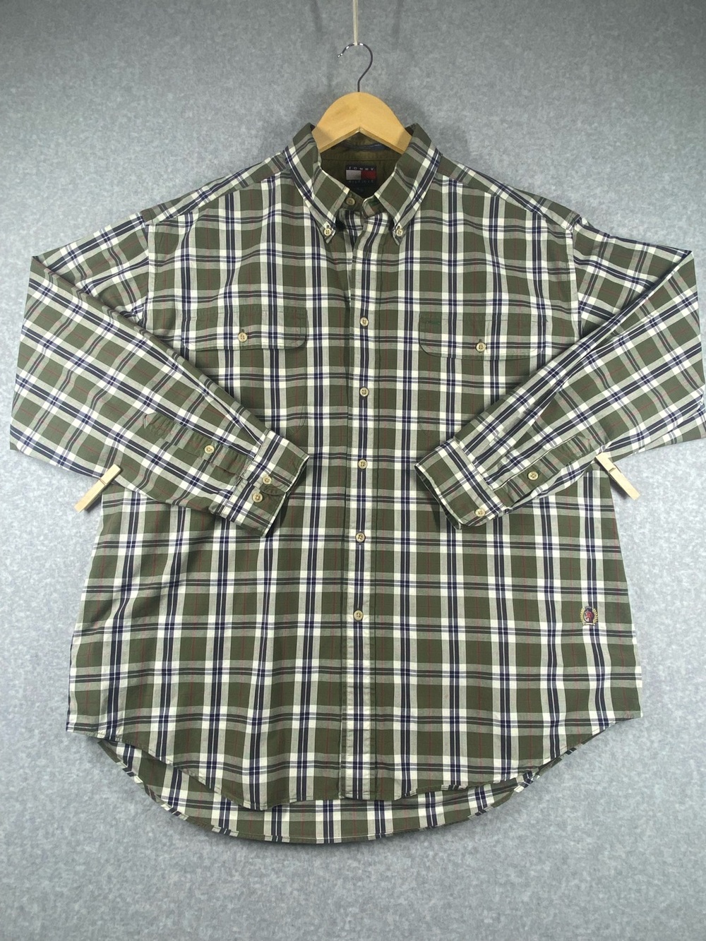 Tommy Hilfiger Shirt Men’s XL Olive White Plaid Button-Down Long Slv 100% cotton